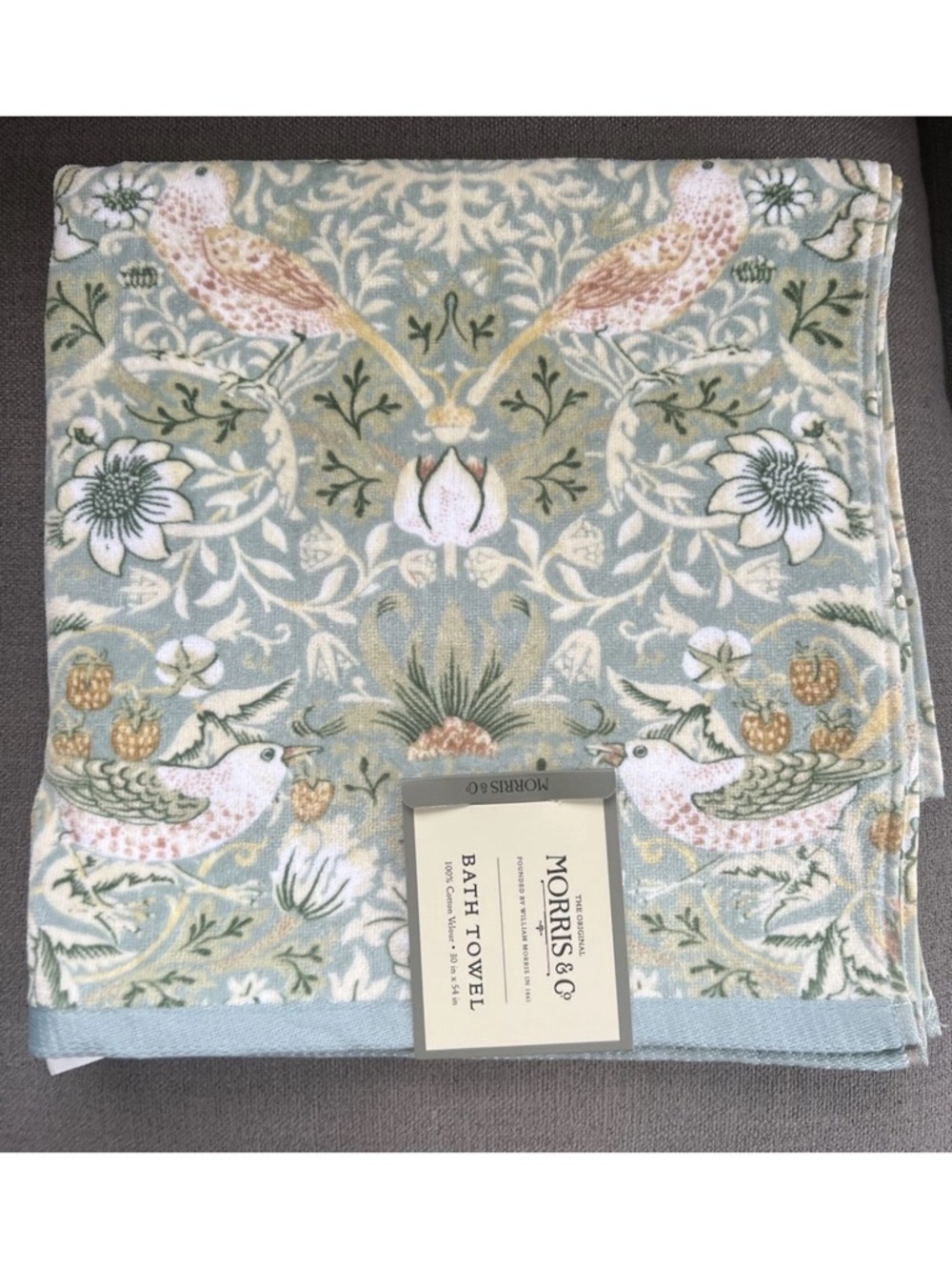 William Morris Co Bath Towels Strawberry Thief Green Velour 2 Pc Set NEW